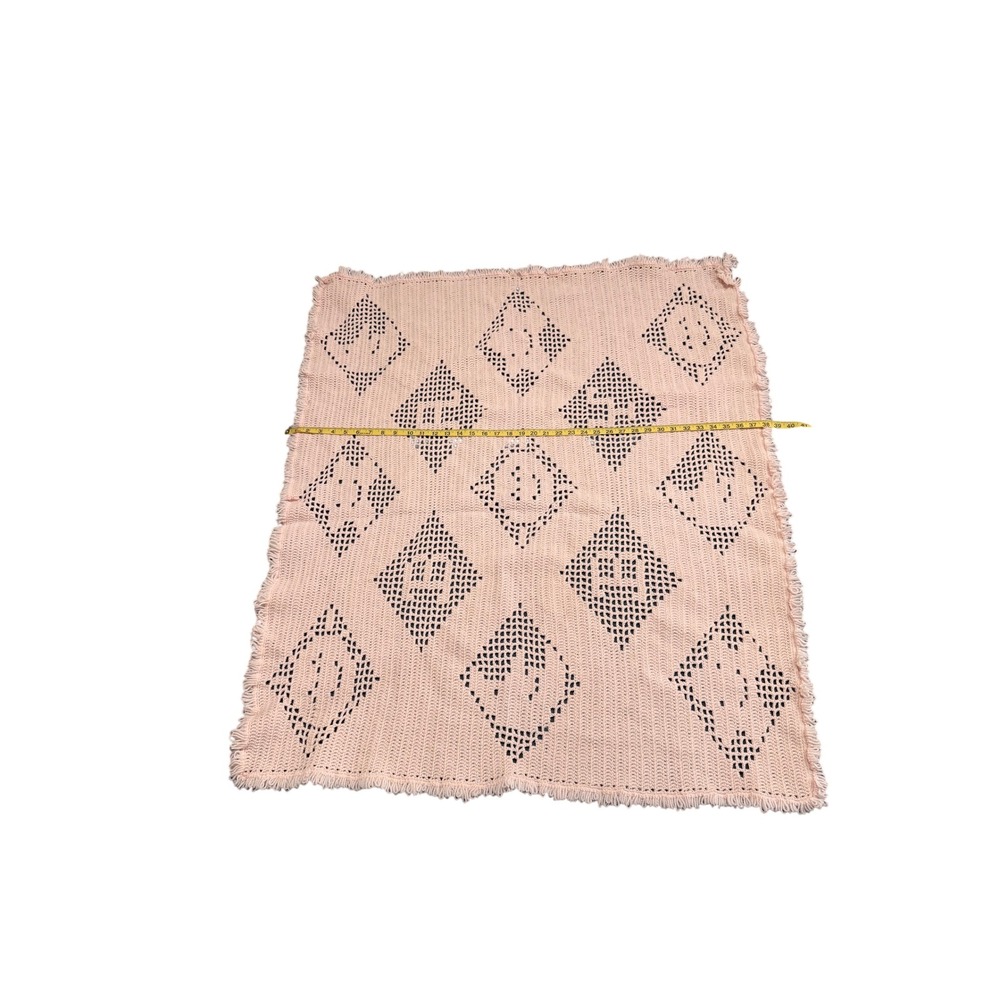 Handmade Crochet Smiley Face Diamond Throw Blanket Pink Fringe Boho Retro 40x46